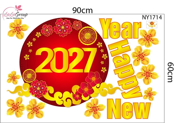 Decal Trang Trí Tết Happy New Year 2027 Và Mai Vàng