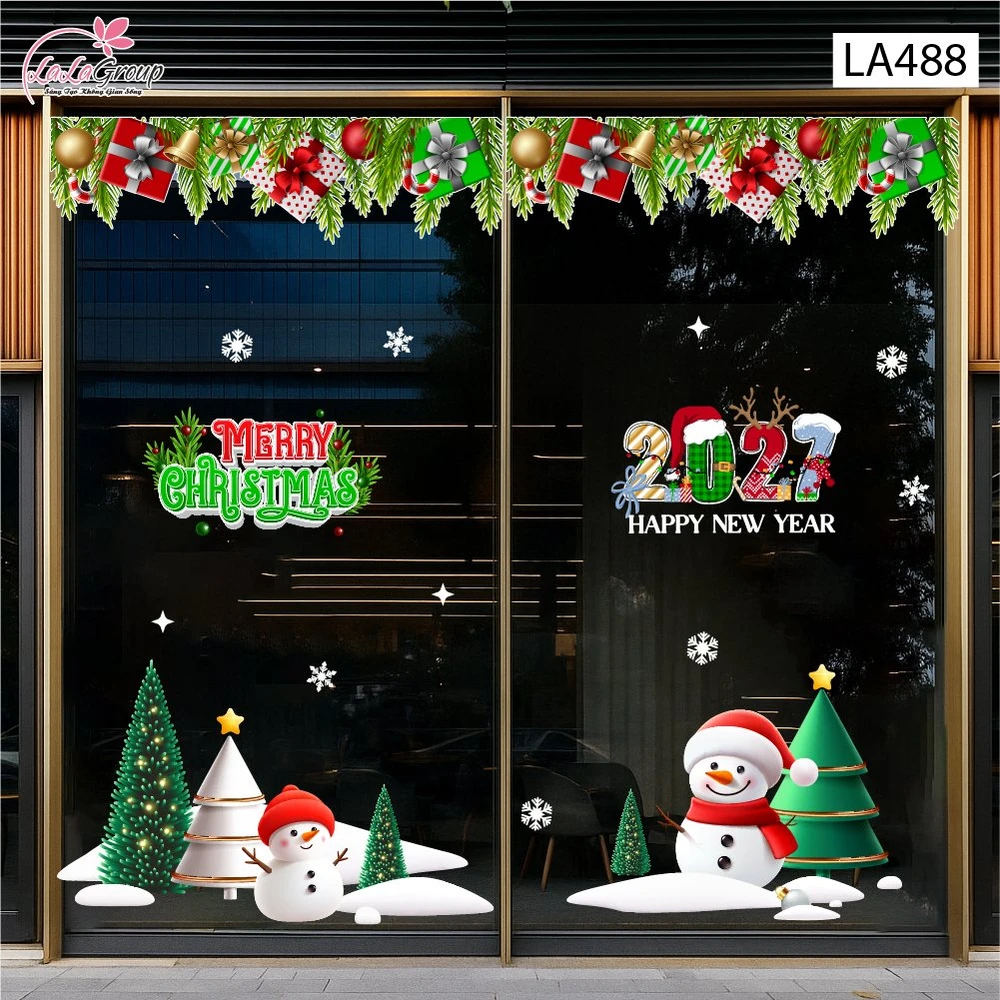 Combo Decal Trang Trí Noel Hai Người Tuyết Và Những Cây Thông Xanh