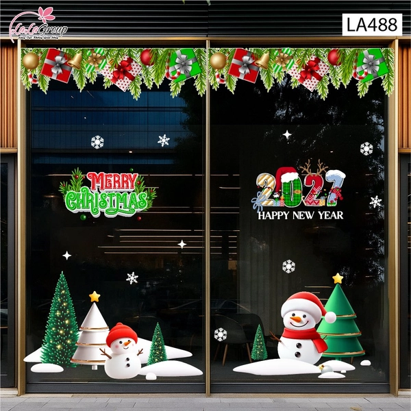 Combo Decal Trang Trí Noel Hai Người Tuyết Và Những Cây Thông Xanh