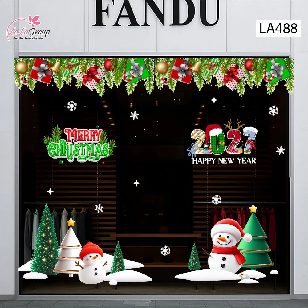 Combo Decal Trang Trí Noel Hai Người Tuyết Và Những Cây Thông Xanh