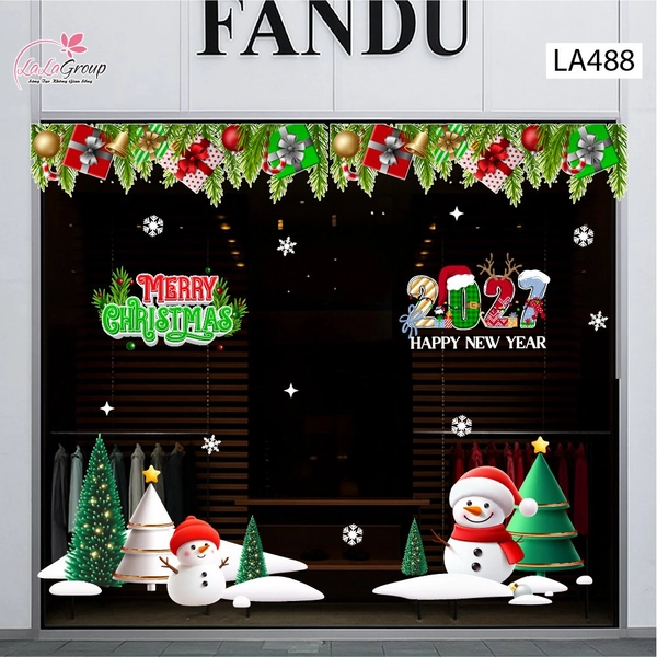 Combo Decal Trang Trí Noel Hai Người Tuyết Và Những Cây Thông Xanh