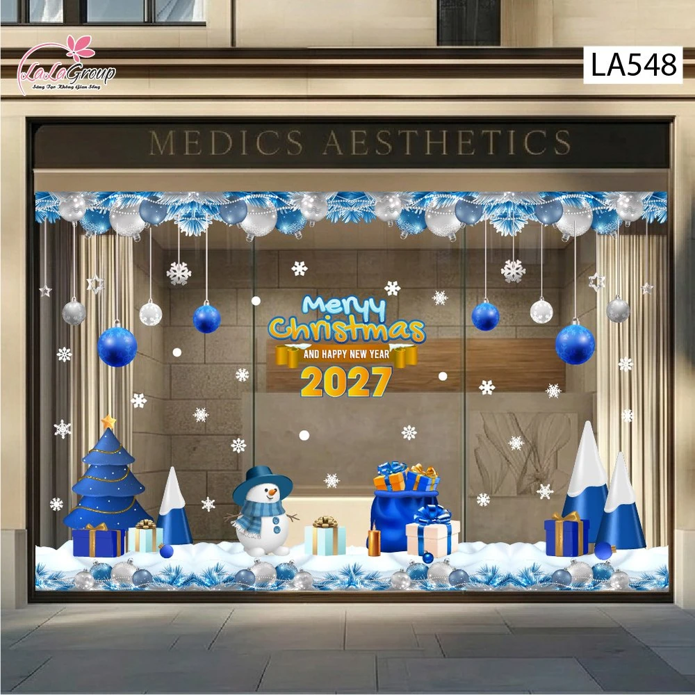 Combo Decal Trang Trí Noel Người Tuyết Và Cây Thông Xanh Dương