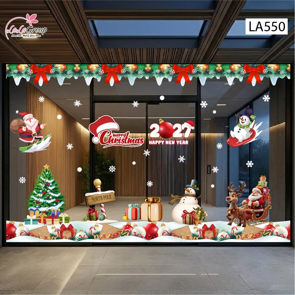 Combo Decal Trang Trí Noel Ông Già Noel Cưỡi Tuần Lộc Và Người Tuyết Vui Nhộn