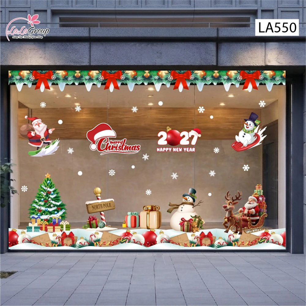 Combo Decal Trang Trí Noel Ông Già Noel Cưỡi Tuần Lộc Và Người Tuyết Vui Nhộn