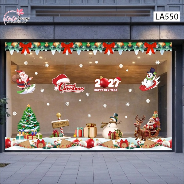 Combo Decal Trang Trí Noel Ông Già Noel Cưỡi Tuần Lộc Và Người Tuyết Vui Nhộn