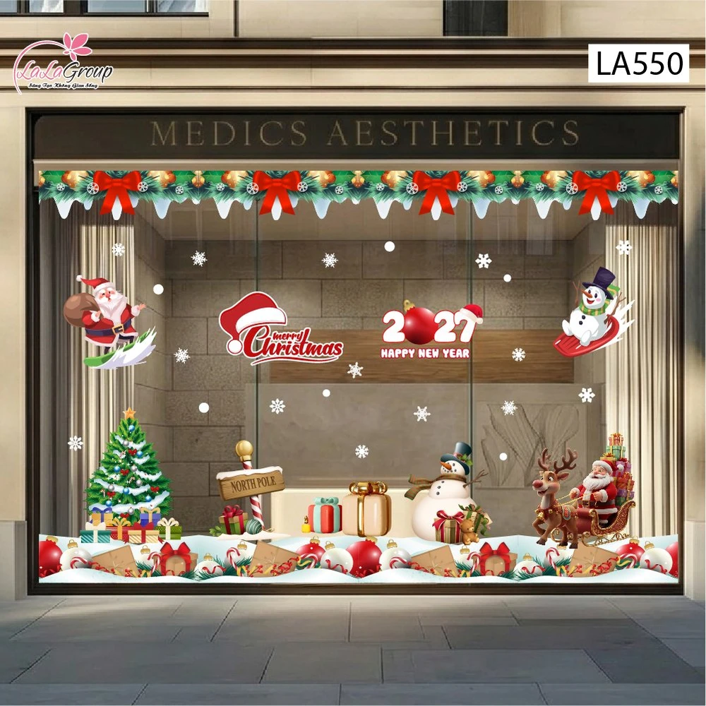 Combo Decal Trang Trí Noel Ông Già Noel Cưỡi Tuần Lộc Và Người Tuyết Vui Nhộn