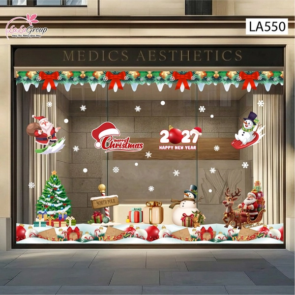 Combo Decal Trang Trí Noel Ông Già Noel Cưỡi Tuần Lộc Và Người Tuyết Vui Nhộn