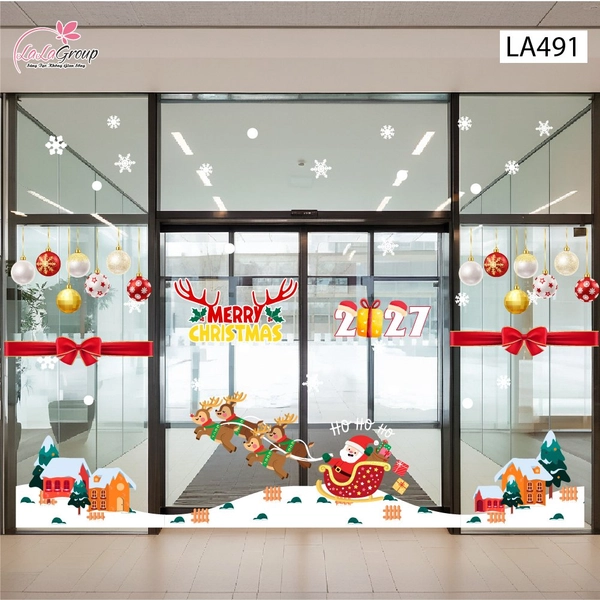 Combo Decal Trang Trí Noel Ông Già Noel Cưỡi Tuần Lộc Phát Quà