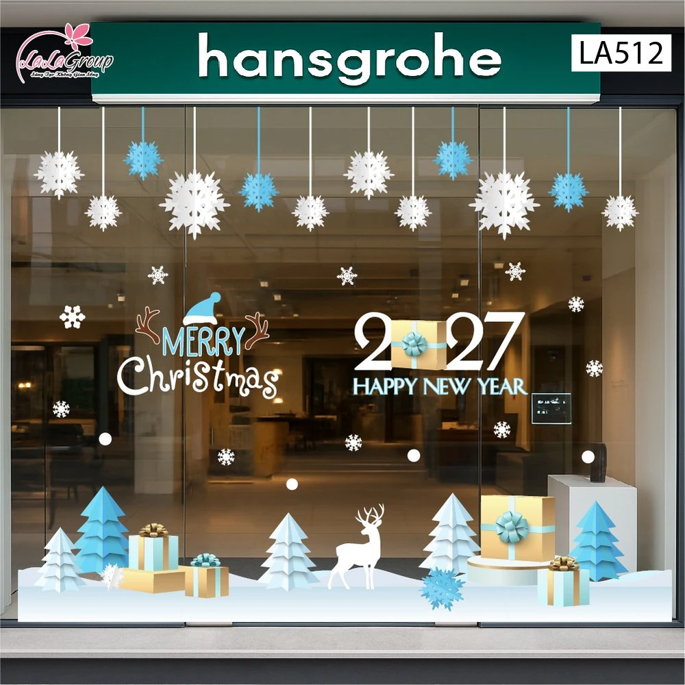 Combo Decal Trang Trí Noel Cây Thông Xanh Và Những Bông Tuyết Trắng