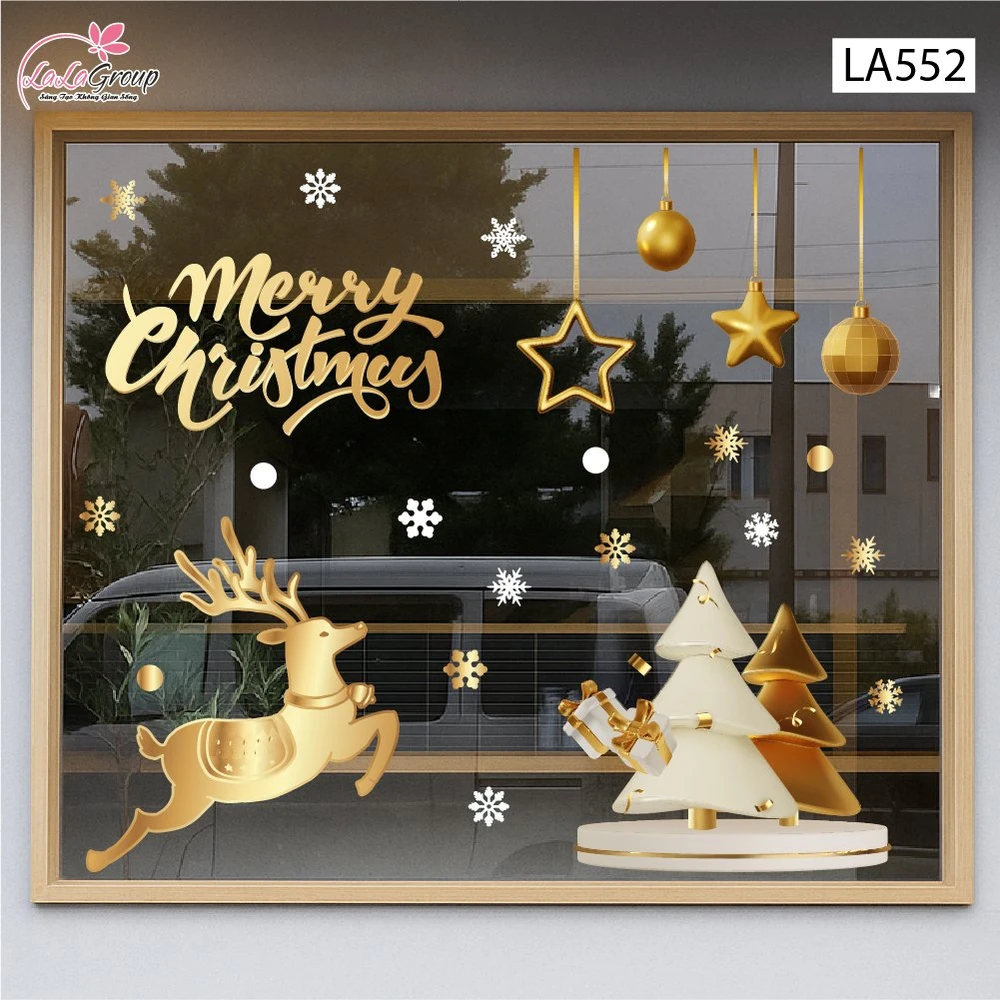 Combo Decal Trang Trí Noel Tuần Lộc Và Cây Thông Tone Vàng Gold Sang Trọng