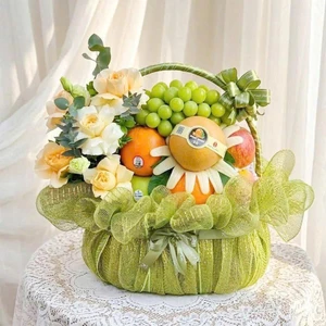 Giỏ Quà Tặng Trái Cây Và Hoa Tone Xanh Lá Cao Cấp Sang Trọng