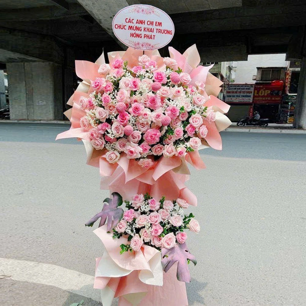 Kệ Hoa Mừng Khai Trương 2 Tầng Tone Hồng Nhẹ Nhàng Tinh Tế