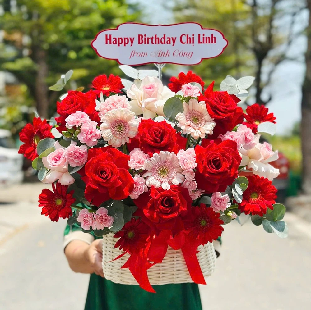 Giỏ Hoa Hồng Đỏ Ohara Mix Hoa Đồng Tiền Hồng Thanh Lịch