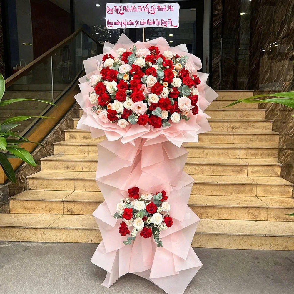 Kệ Hoa Mừng Khai Trương 2 Tầng Tone Đỏ Rực Rỡ