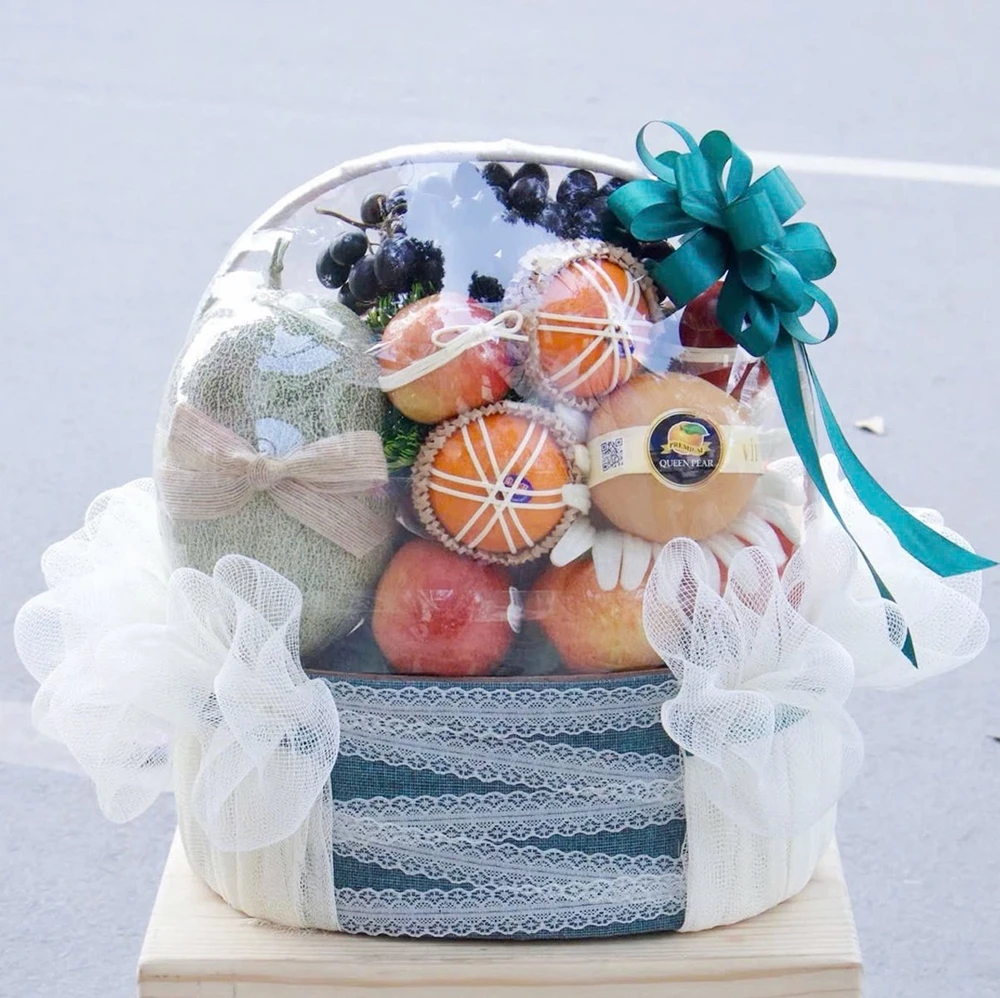 Giỏ Trái Cây Nhập Khẩu Tone Xanh Ngọc Mix Lưới Trắng Thanh Lịch