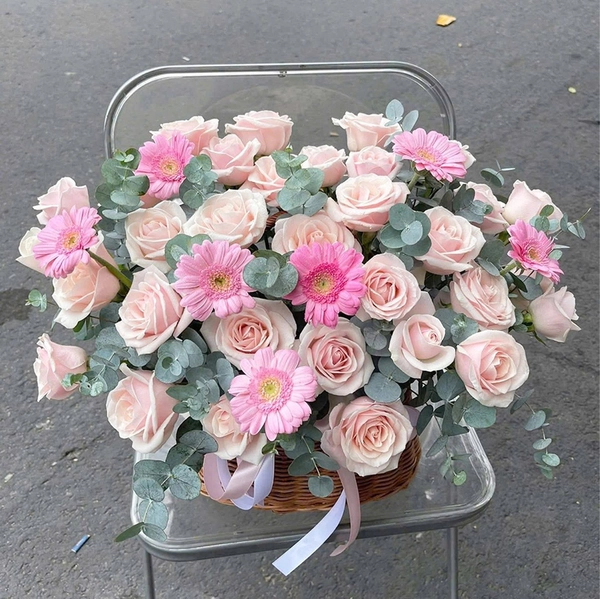Giỏ Hoa Hồng Tươi Mix Cúc Đồng Tiền Trong Trẻo