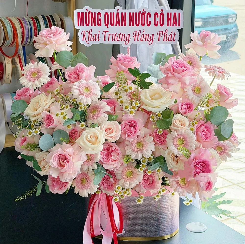 Giỏ Hoa Tươi Khai Trương Hồng Pastel Mix Cúc Mẫu Đơn