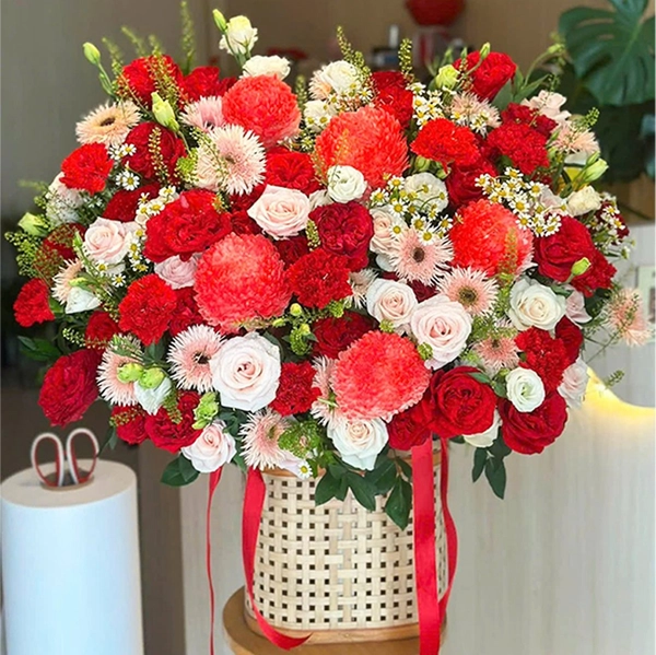 Giỏ Hoa Cúc Mẫu Đơn Mix Hồng Đỏ Xao Xuyến