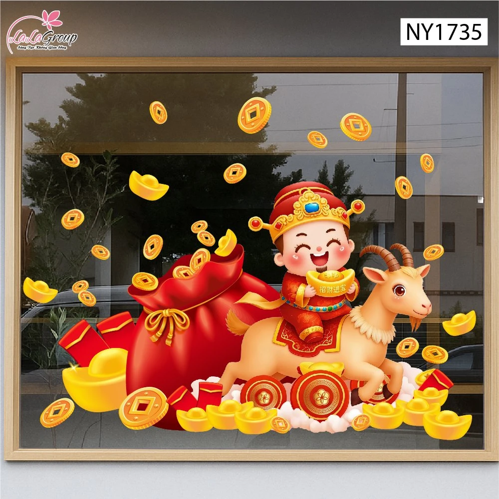 Decal Trang Trí Tết Đinh Mùi Thần Tài Mang Lộc May Mắn