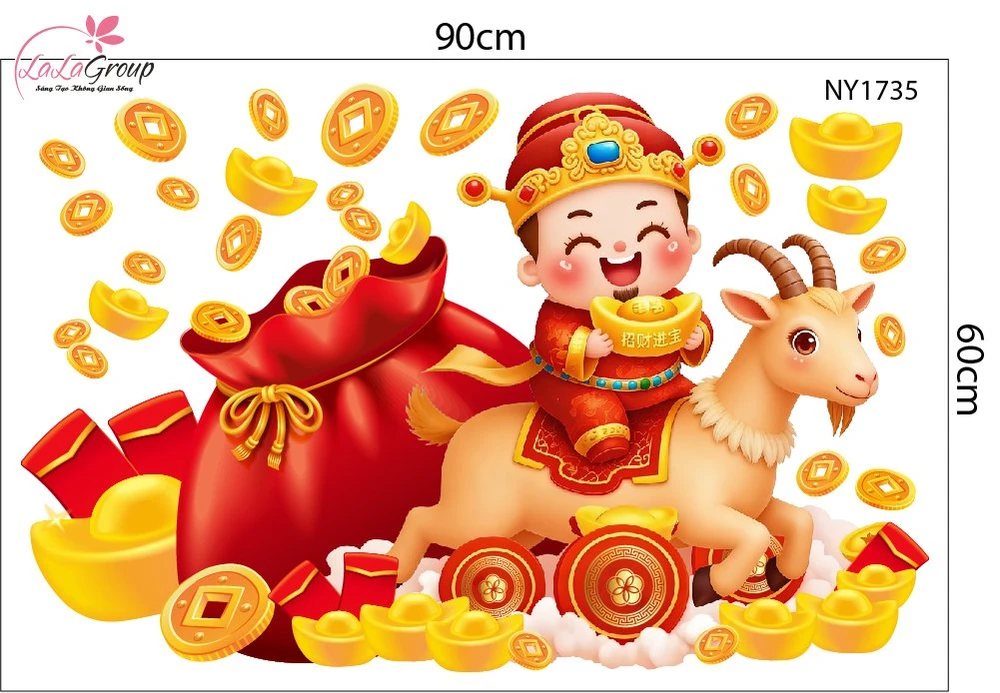 Decal Trang Trí Tết Đinh Mùi Thần Tài Mang Lộc May Mắn