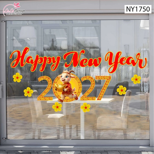 Decal Trang Trí Tết Happy New Year 2027 Và Hoa Mai Vàng