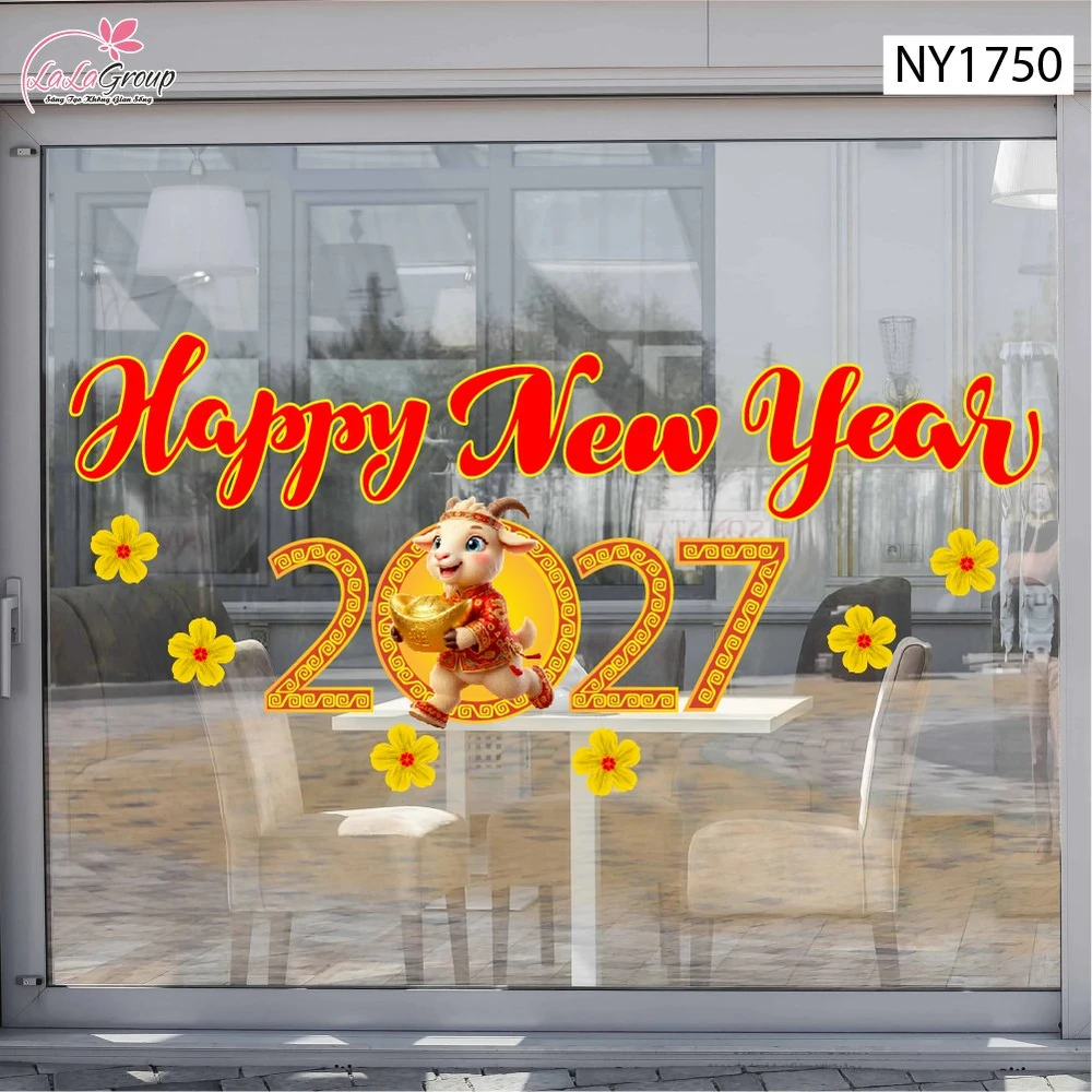 Decal Trang Trí Tết Happy New Year 2027 Và Hoa Mai Vàng