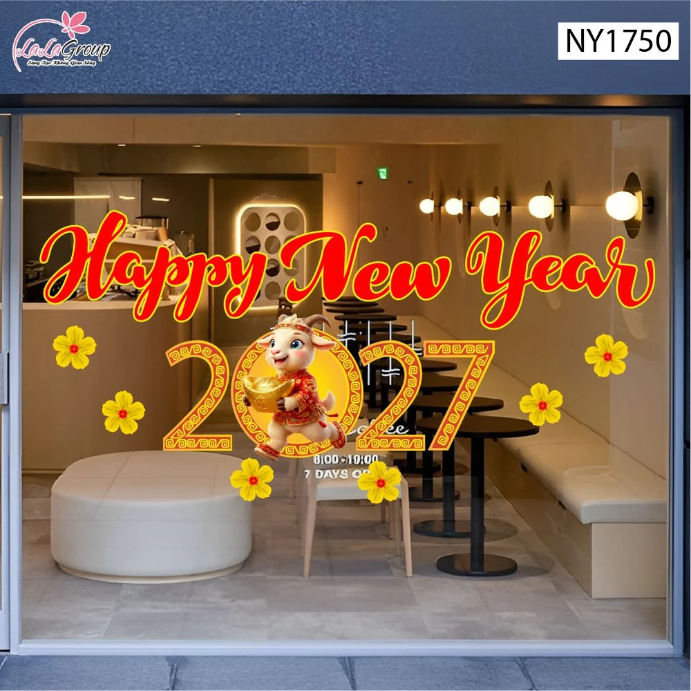Decal Trang Trí Tết Happy New Year 2027 Và Hoa Mai Vàng