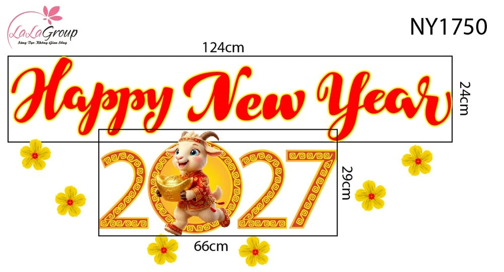Decal Trang Trí Tết Happy New Year 2027 Và Hoa Mai Vàng