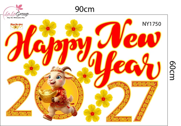 Decal Trang Trí Tết Happy New Year 2027 Và Hoa Mai Vàng