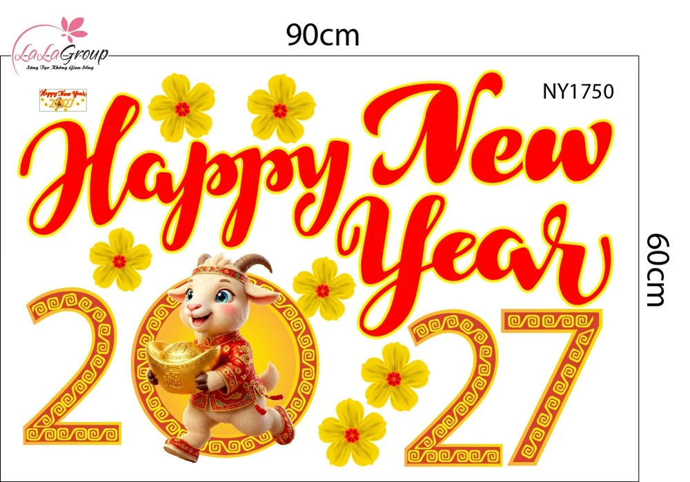 Decal Trang Trí Tết Happy New Year 2027 Và Hoa Mai Vàng