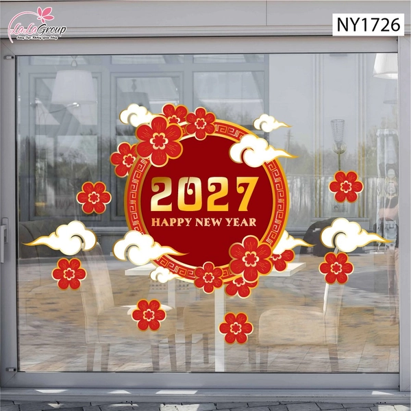 Decal Trang Trí Tết Happy New Year 2027 Và Hoa Đào Đỏ