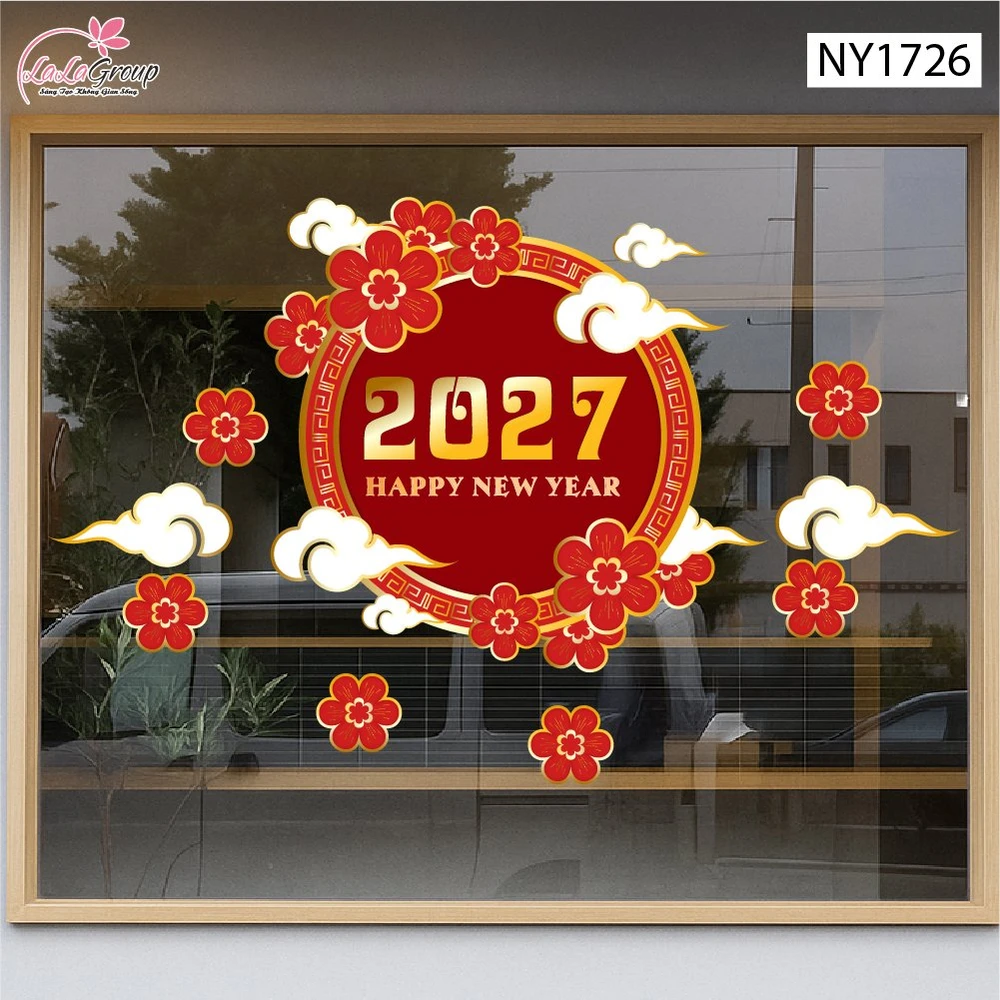 Decal Trang Trí Tết Happy New Year 2027 Và Hoa Đào Đỏ