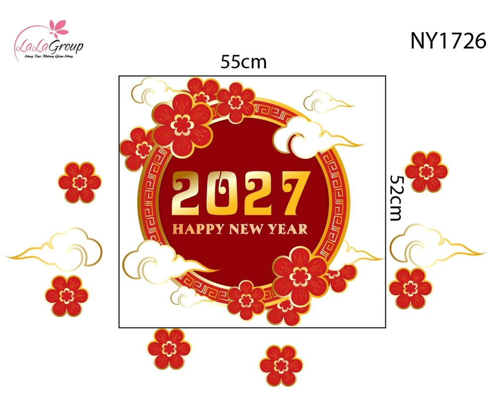 Decal Trang Trí Tết Happy New Year 2027 Và Hoa Đào Đỏ
