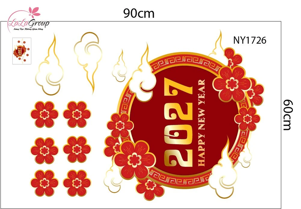 Decal Trang Trí Tết Happy New Year 2027 Và Hoa Đào Đỏ