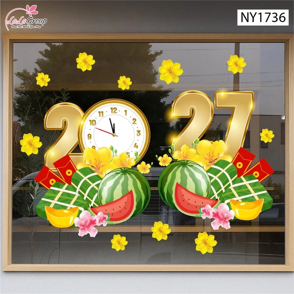 Decal Trang Trí Tết Mừng Xuân Đinh Mùi 2027 Bánh Chưng Xanh Và Dưa Hấu Đỏ