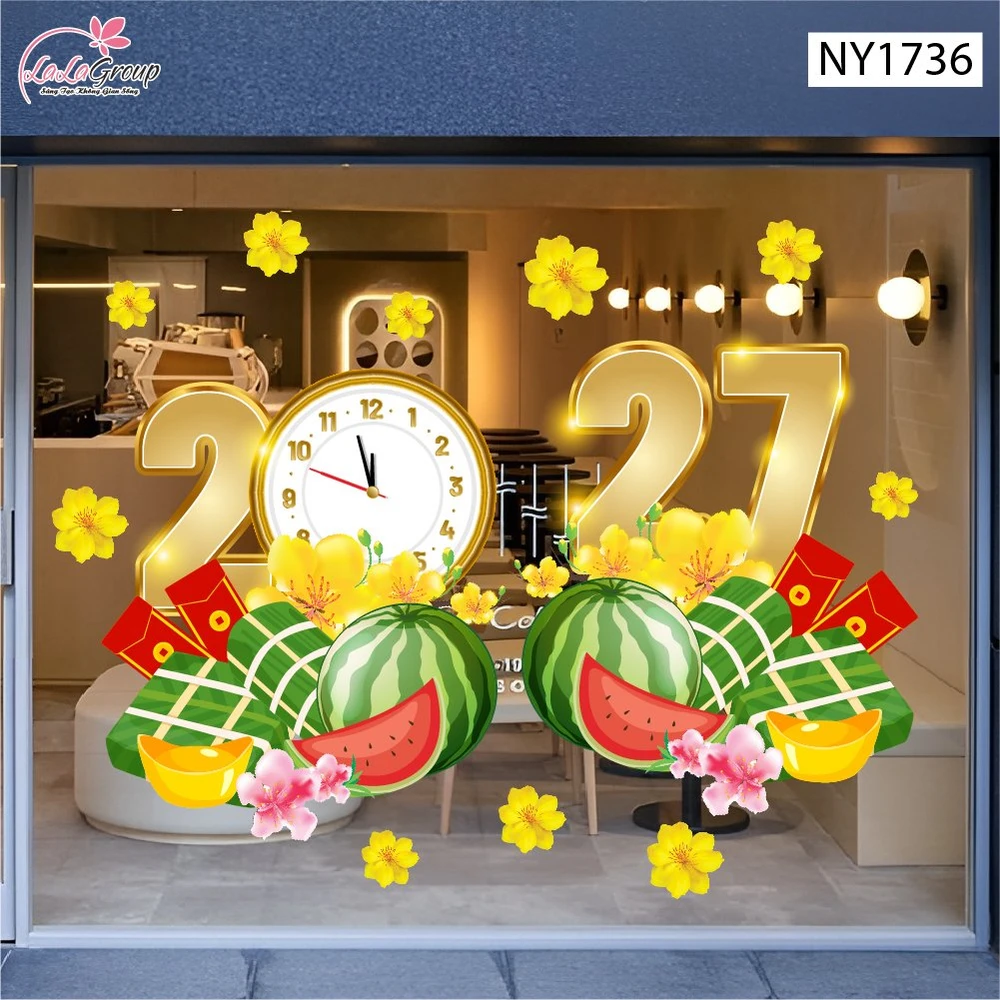 Decal Trang Trí Tết Mừng Xuân Đinh Mùi 2027 Bánh Chưng Xanh Và Dưa Hấu Đỏ