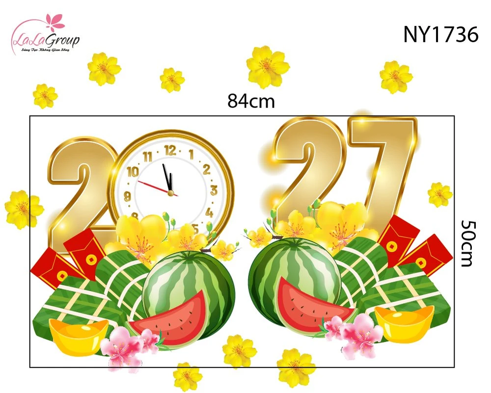 Decal Trang Trí Tết Mừng Xuân Đinh Mùi 2027 Bánh Chưng Xanh Và Dưa Hấu Đỏ