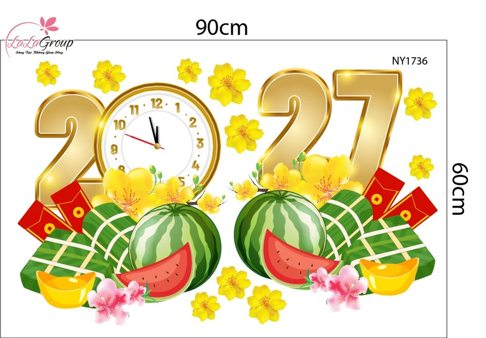 Decal Trang Trí Tết Mừng Xuân Đinh Mùi 2027 Bánh Chưng Xanh Và Dưa Hấu Đỏ