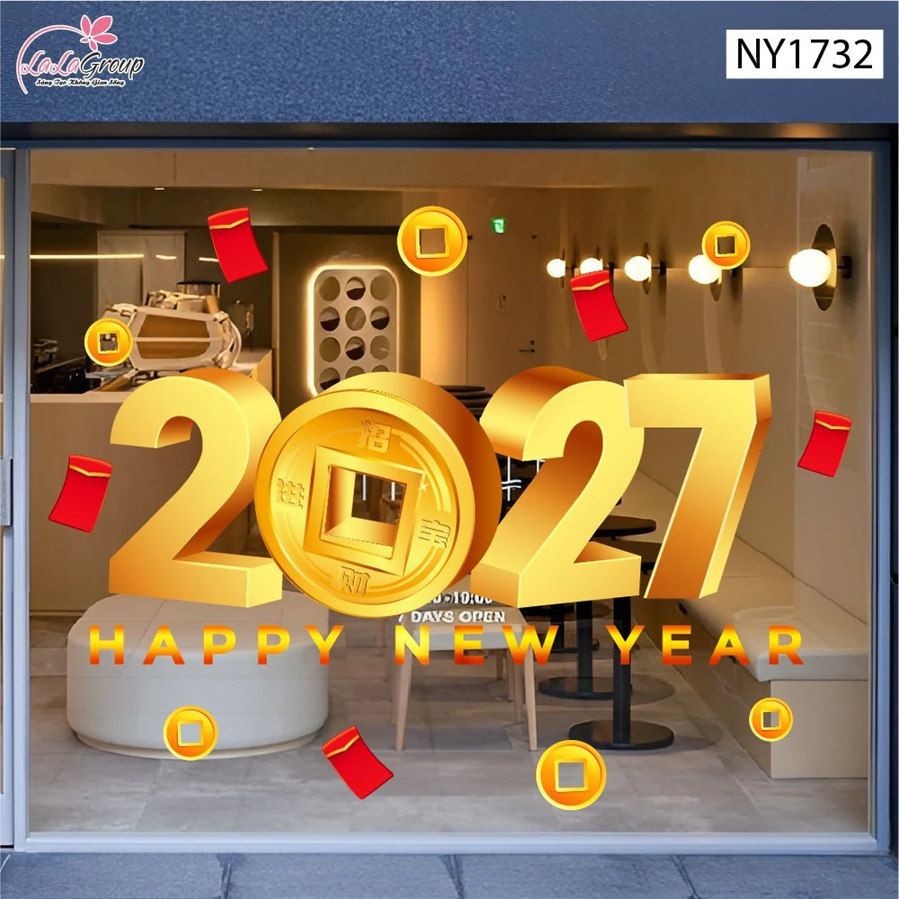 Decal trang trí tết happy new year 2027 lì xì đỏ tiền tài thịnh vượng