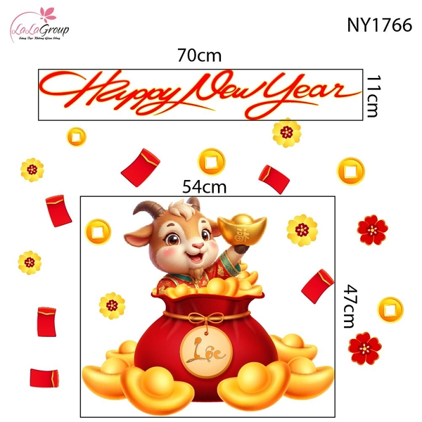 Decal Trang Trí Tết Happy New Year 2027 Tiền Tài Vạn Phát