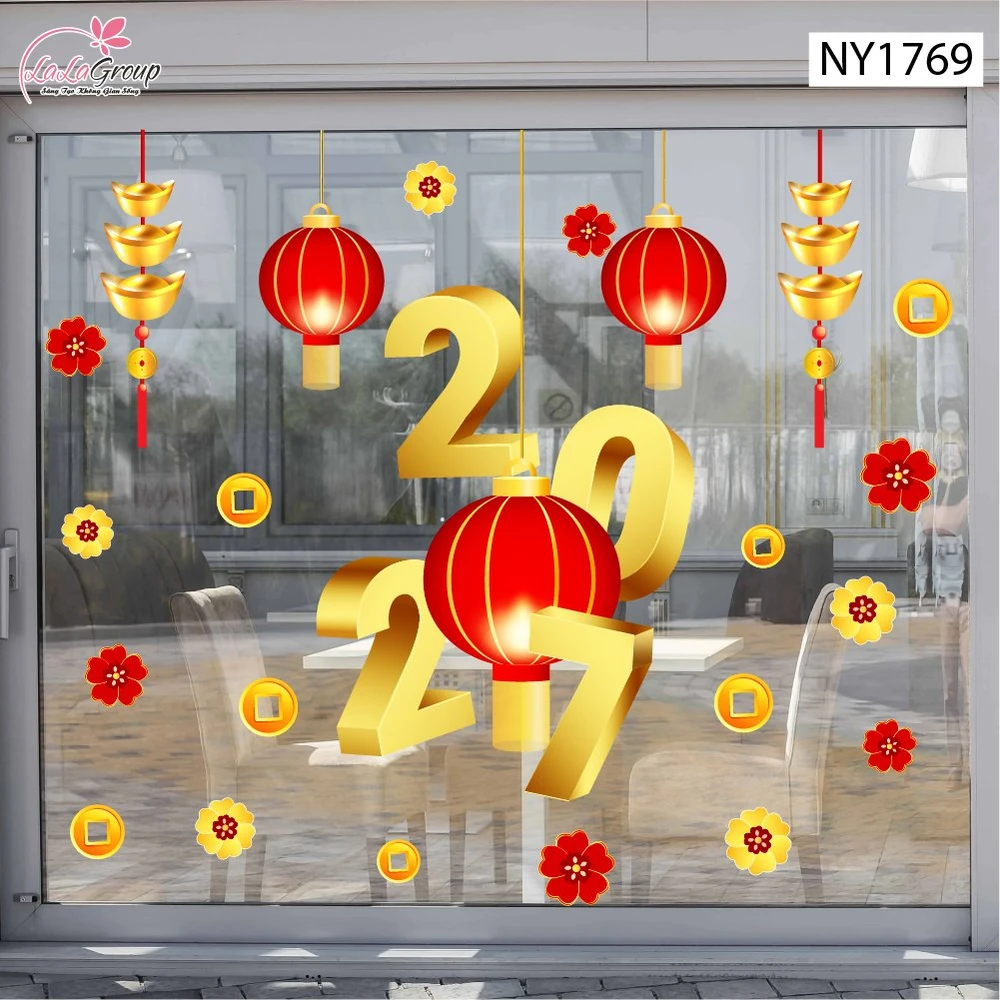 Decal Trang Trí Tết Happy New Year Lồng Đèn Đỏ Và Tiền Vàng May Mắn 2027