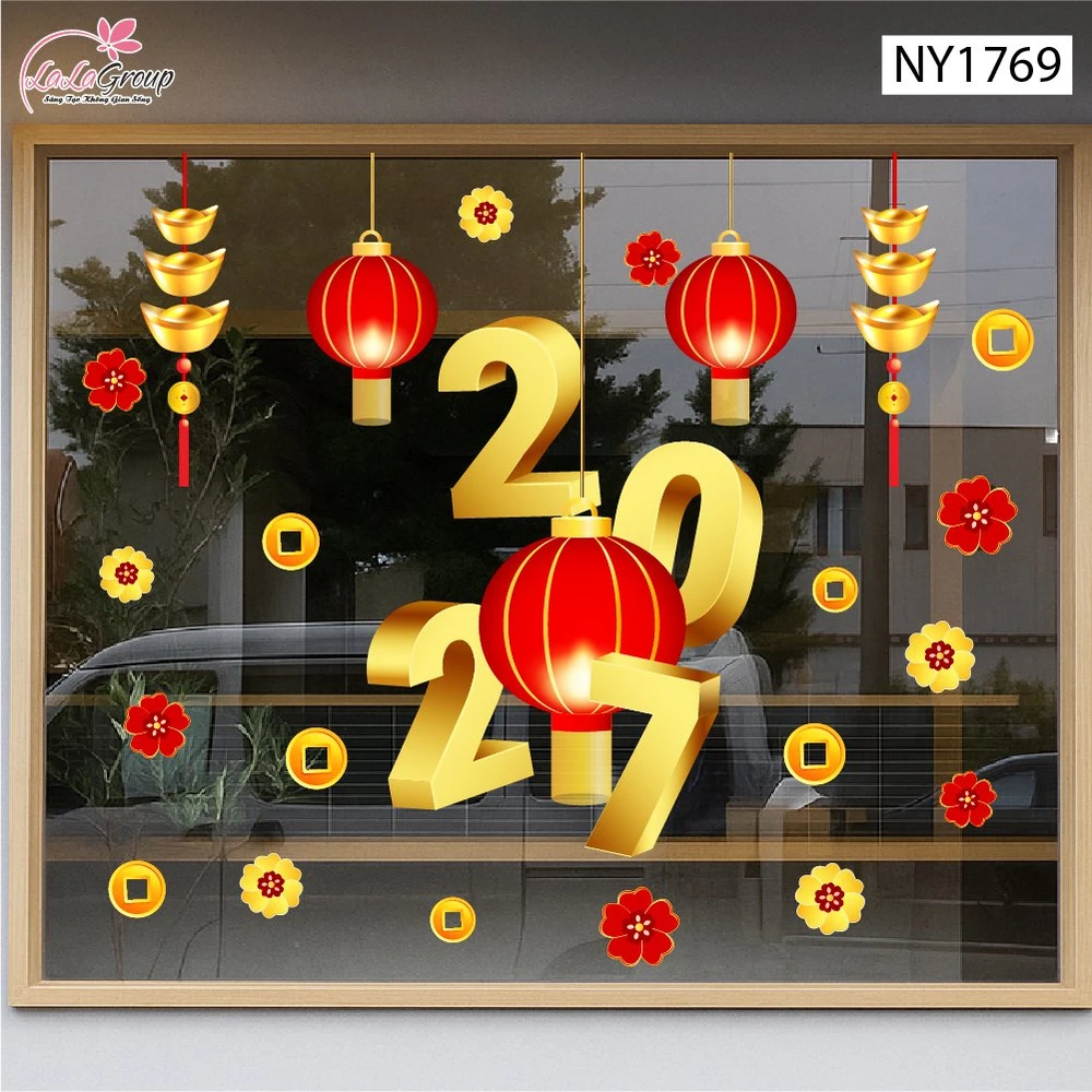 Decal Trang Trí Tết Happy New Year Lồng Đèn Đỏ Và Tiền Vàng May Mắn 2027