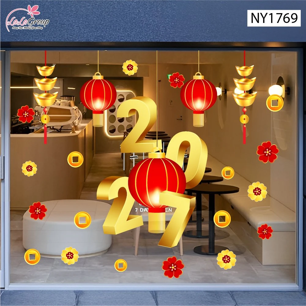 Decal Trang Trí Tết Happy New Year Lồng Đèn Đỏ Và Tiền Vàng May Mắn 2027