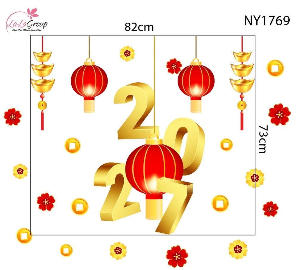 Decal Trang Trí Tết Happy New Year Lồng Đèn Đỏ Và Tiền Vàng May Mắn 2027