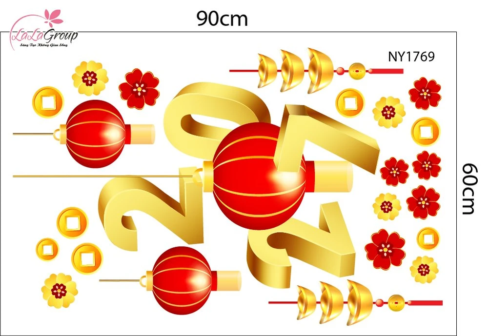Decal Trang Trí Tết Happy New Year Lồng Đèn Đỏ Và Tiền Vàng May Mắn 2027