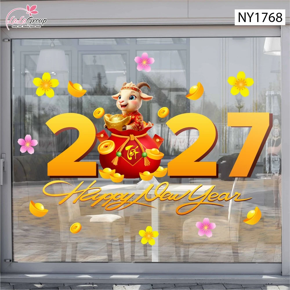 Decal Trang Trí Tết Happy New Year 2027 Và Túi Tiền Vàng Tài Lộc