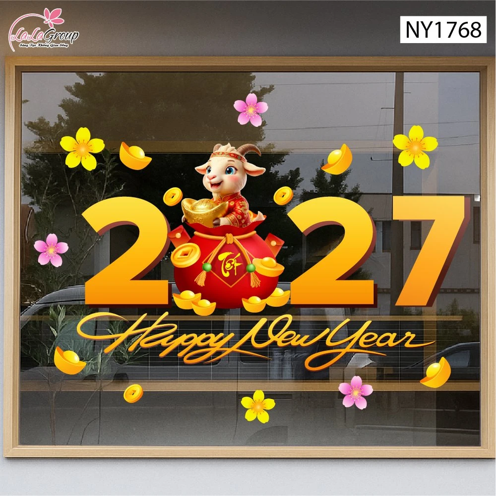 Decal Trang Trí Tết Happy New Year 2027 Và Túi Tiền Vàng Tài Lộc