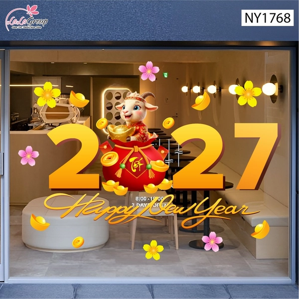 Decal Trang Trí Tết Happy New Year 2027 Và Túi Tiền Vàng Tài Lộc