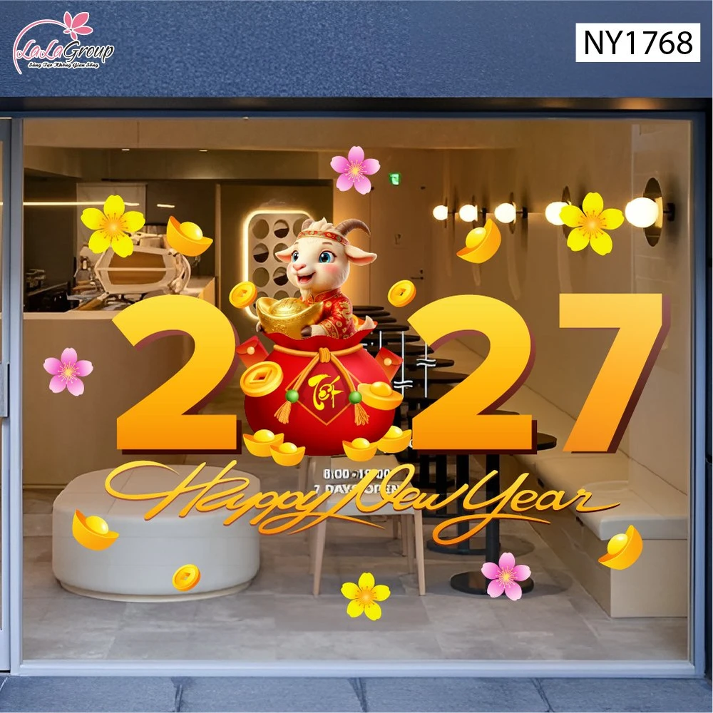 Decal Trang Trí Tết Happy New Year 2027 Và Túi Tiền Vàng Tài Lộc