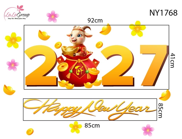 Decal Trang Trí Tết Happy New Year 2027 Và Túi Tiền Vàng Tài Lộc